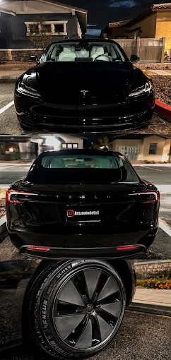 Detailed black Tesla, front and rear, after an AV's Auto Detail mobile detail